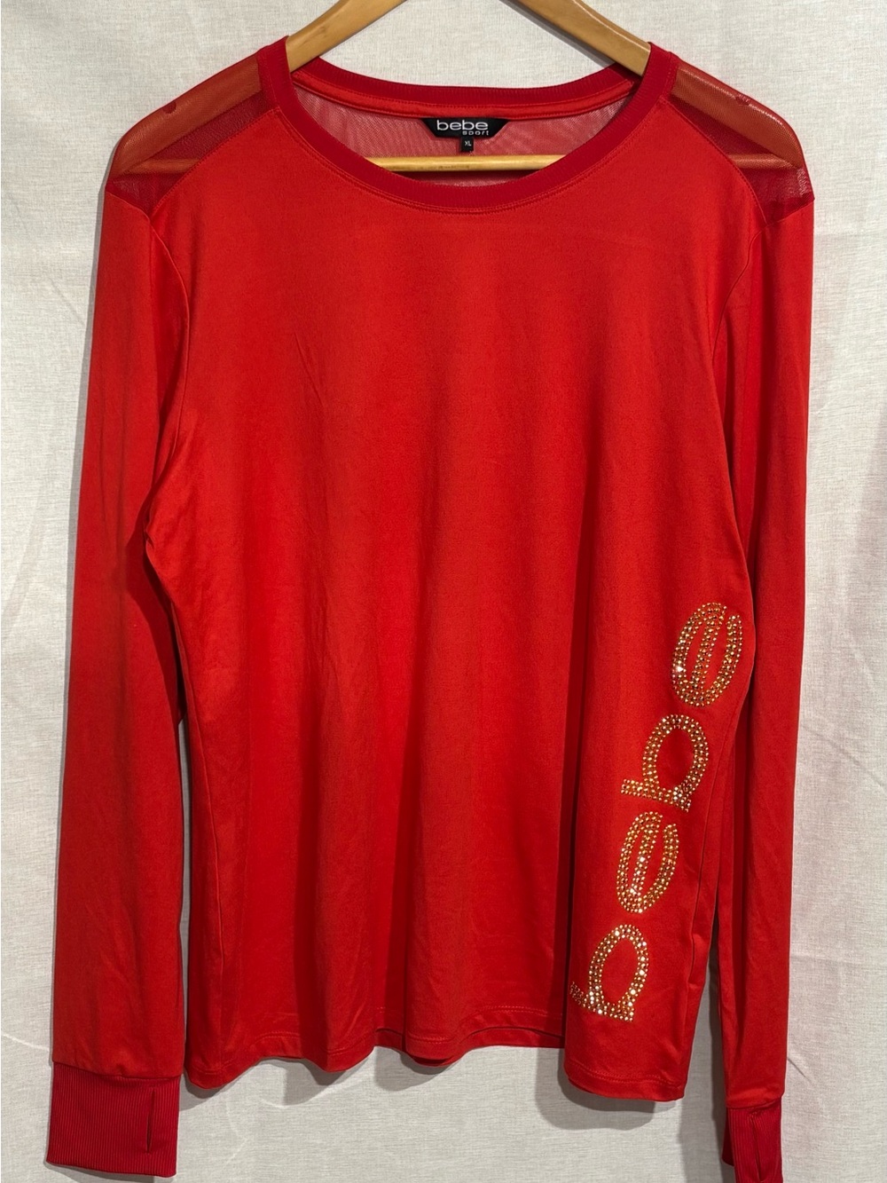 Bebe Sport • Red Mesh Panel Rhinestone Logo Shirt XL - Picture 2 of 12